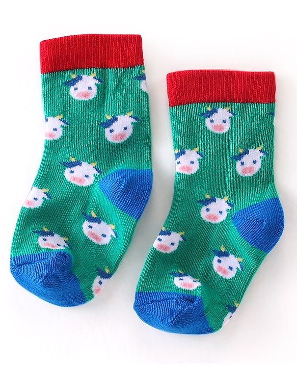 Cute Walk  By Babyhug Anti-Bacterial Ankle Length Socks Cow Design Pack Of 3- Green & White