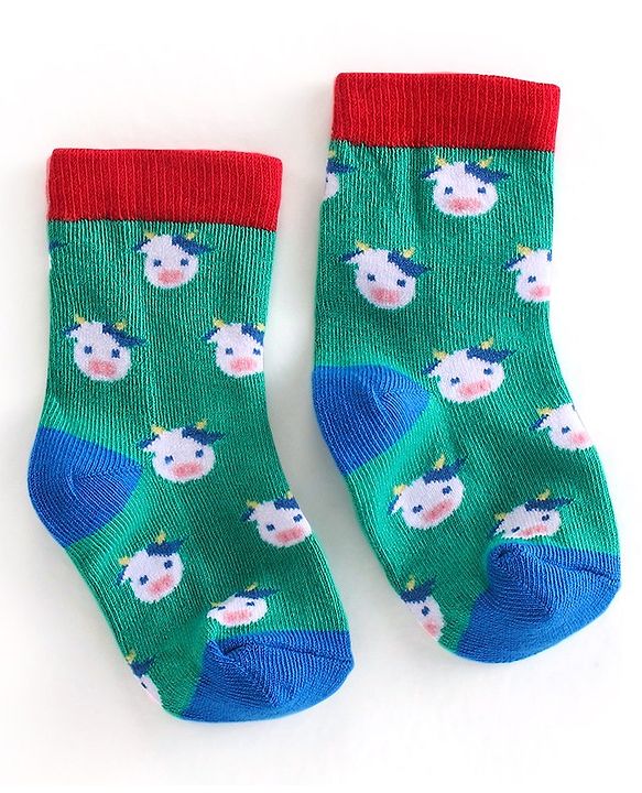 Cute Walk  By Babyhug Anti-Bacterial Ankle Length Socks Cow Design Pack Of 3- Green & White