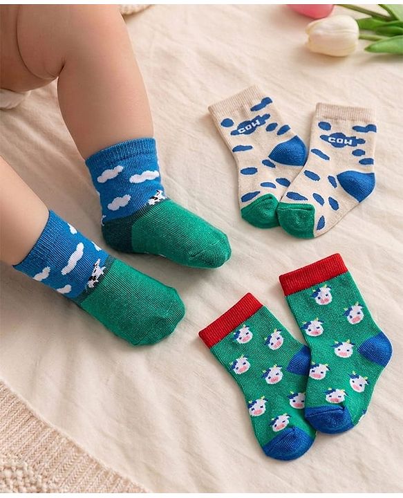 Cute Walk  By Babyhug Anti-Bacterial Ankle Length Socks Cow Design Pack Of 3- Green & White