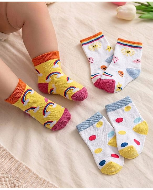 Cute Walk  By Babyhug Anti-Bacterial Ankle Length Socks Rainbow Polka Dot & Sun Design Pack Of 3- Yellow & White
