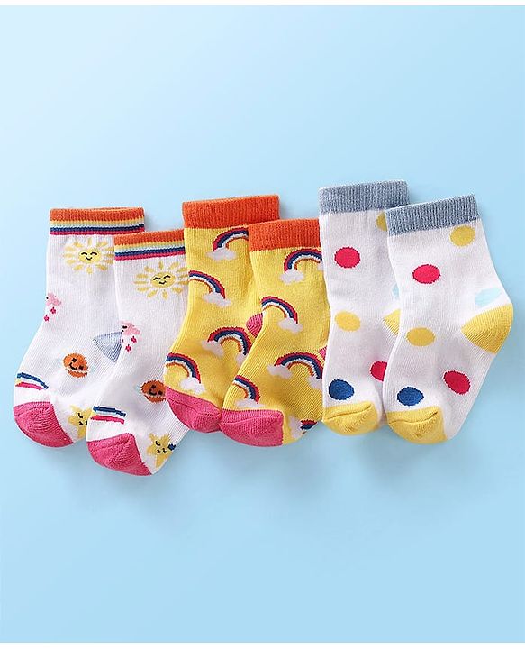Cute Walk  By Babyhug Anti-Bacterial Ankle Length Socks Rainbow Polka Dot & Sun Design Pack Of 3- Yellow & White