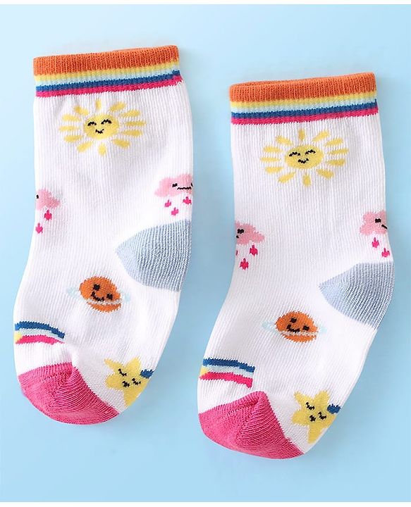 Cute Walk  By Babyhug Anti-Bacterial Ankle Length Socks Rainbow Polka Dot & Sun Design Pack Of 3- Yellow & White