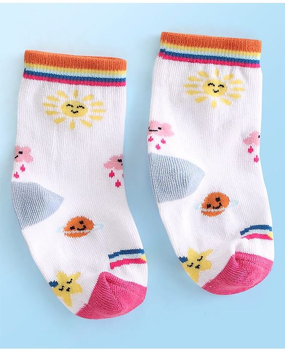 Cute Walk  By Babyhug Anti-Bacterial Ankle Length Socks Rainbow Polka Dot & Sun Design Pack Of 3- Yellow & White