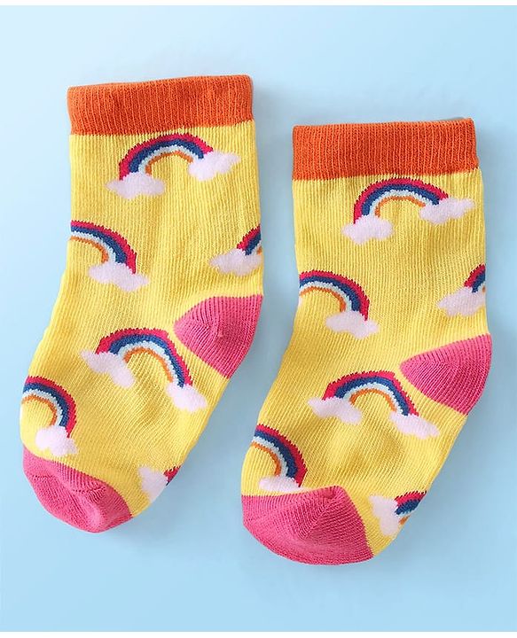 Cute Walk  By Babyhug Anti-Bacterial Ankle Length Socks Rainbow Polka Dot & Sun Design Pack Of 3- Yellow & White