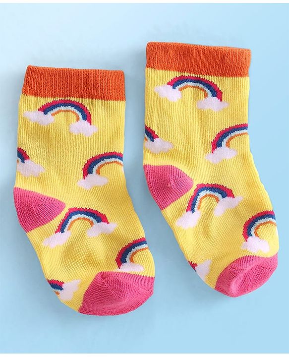 Cute Walk  By Babyhug Anti-Bacterial Ankle Length Socks Rainbow Polka Dot & Sun Design Pack Of 3- Yellow & White