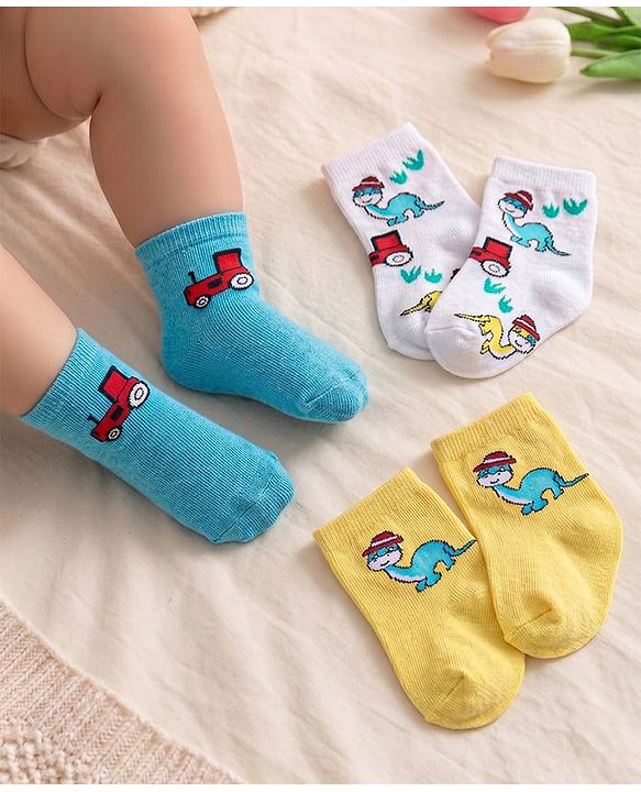 Cute Walk By Babyhug Anti-Bacterial Ankle Length Socks Dino & Tractor Design Pack Of 3- White Yellow & Blue