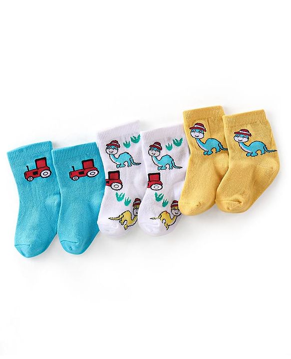 Cute Walk By Babyhug Anti-Bacterial Ankle Length Socks Dino & Tractor Design Pack Of 3- White Yellow & Blue