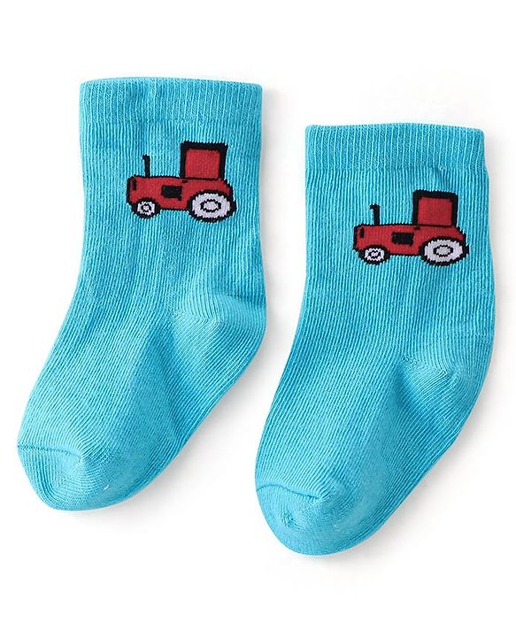 Cute Walk By Babyhug Anti-Bacterial Ankle Length Socks Dino & Tractor Design Pack Of 3- White Yellow & Blue