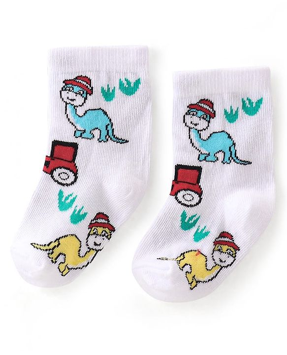 Cute Walk By Babyhug Anti-Bacterial Ankle Length Socks Dino & Tractor Design Pack Of 3- White Yellow & Blue