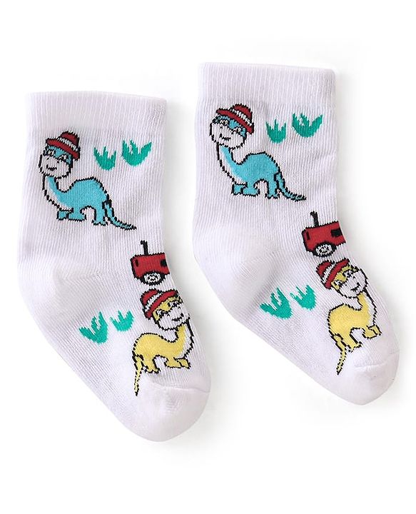 Cute Walk By Babyhug Anti-Bacterial Ankle Length Socks Dino & Tractor Design Pack Of 3- White Yellow & Blue
