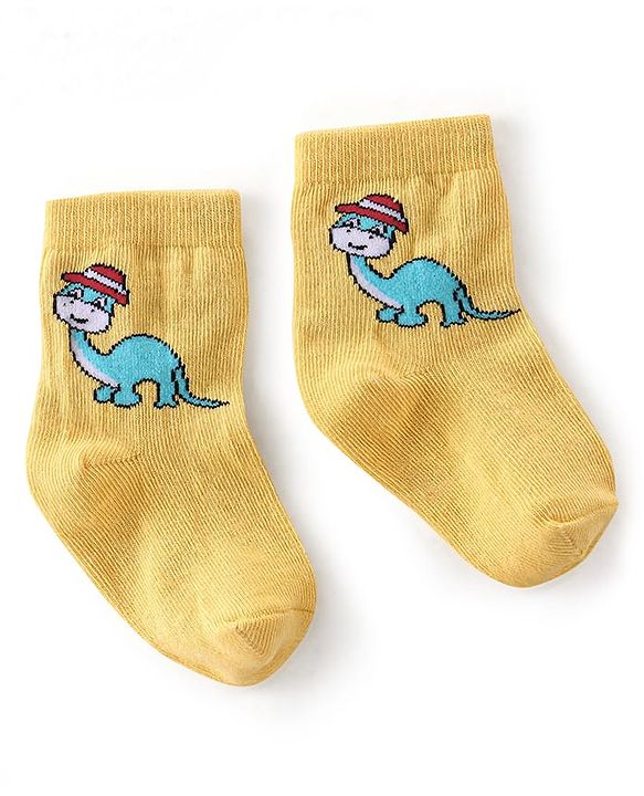 Cute Walk By Babyhug Anti-Bacterial Ankle Length Socks Dino & Tractor Design Pack Of 3- White Yellow & Blue