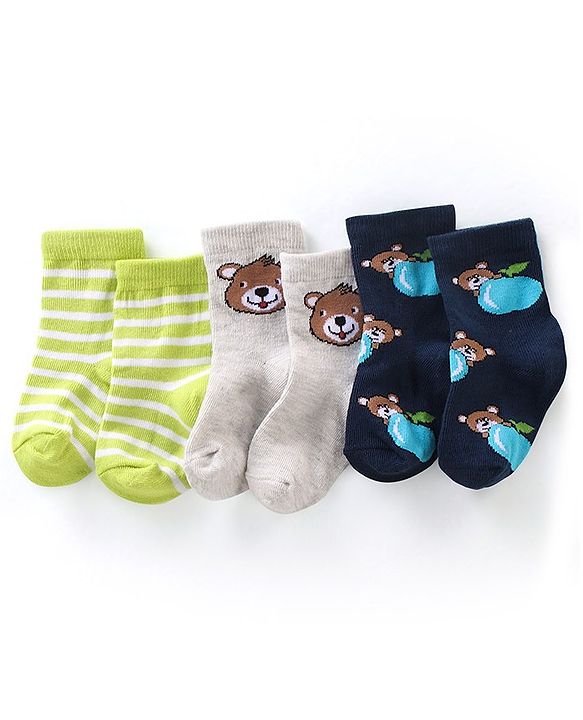 Cute Walk By Babyhug Anti-Bacterial Ankle Length Socks Striped & Teddy Bear Design Pack Of 3- White Green & Blue