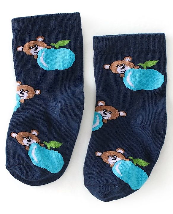 Cute Walk By Babyhug Anti-Bacterial Ankle Length Socks Striped & Teddy Bear Design Pack Of 3- White Green & Blue
