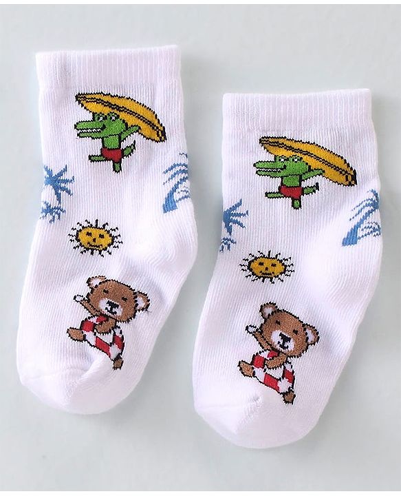 Cutewalk By Babyhug Anti-Bacterial Ankle Length Socks Teddy Bear & Crocodile Design Pack Of 3- Red Yellow & White