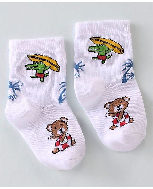 Cutewalk By Babyhug Anti-Bacterial Ankle Length Socks Teddy Bear & Crocodile Design Pack Of 3- Red Yellow & White