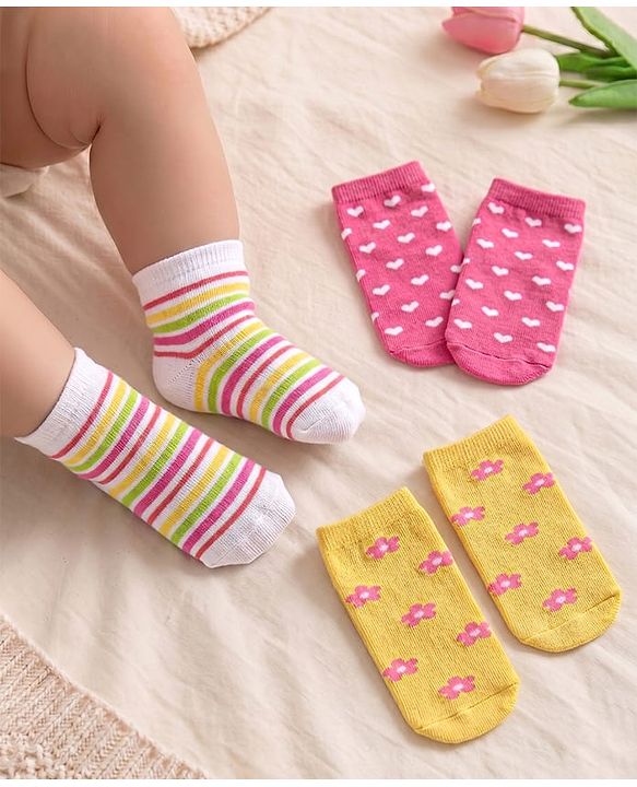 Cute Walk By Babyhug Anti-Bacterial Ankle Length Socks Striped Floral & Heart Design Pack Of 3- White Yellow & Pink