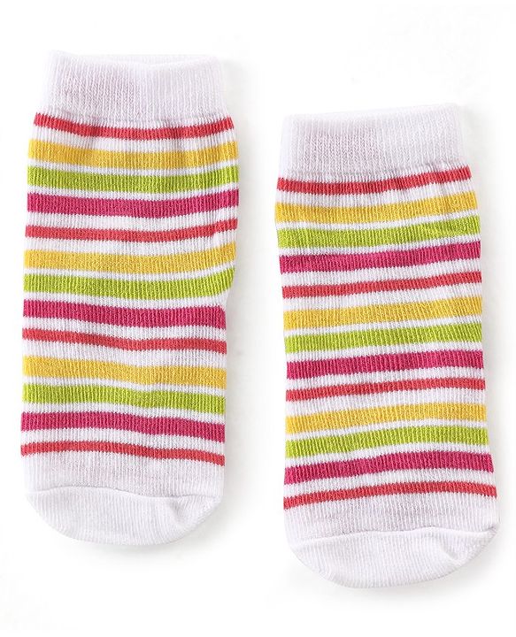 Cute Walk By Babyhug Anti-Bacterial Ankle Length Socks Striped Floral & Heart Design Pack Of 3- White Yellow & Pink