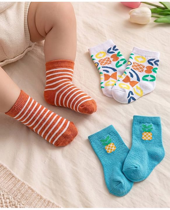 Cute Walk By Babyhug Anti-Bacterial Ankle Length Socks Striped  & Fruit Design Pack Of 3-  Red White & Blue