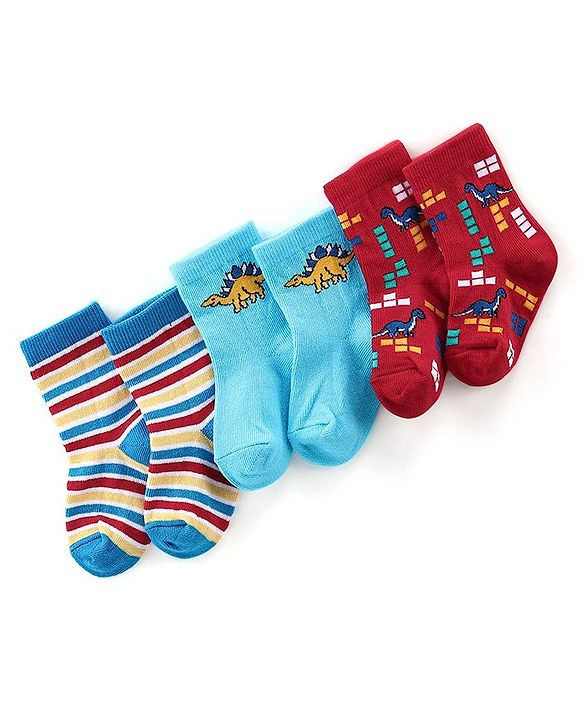 Cute Walk By Babyhug Anti-Bacterial Ankle Length Socks Stripes & Dino Design Pack Of 3 - Multicolor