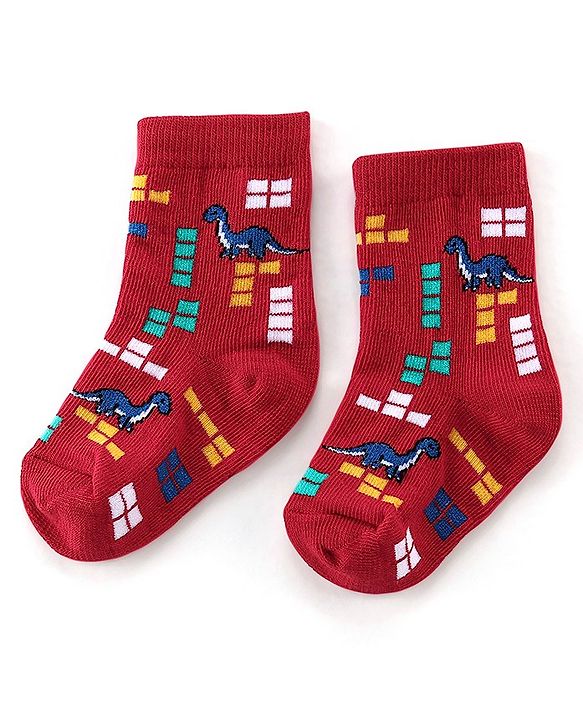 Cute Walk By Babyhug Anti-Bacterial Ankle Length Socks Stripes & Dino Design Pack Of 3 - Multicolor