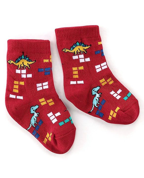 Cute Walk By Babyhug Anti-Bacterial Ankle Length Socks Stripes & Dino Design Pack Of 3 - Multicolor