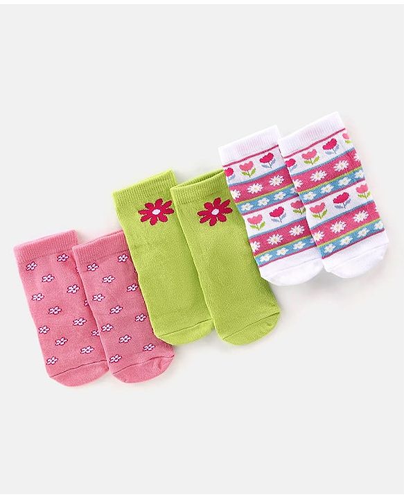 Cute Walk By Babyhug Anti-Bacterial Ankle Length Socks Floral Design Pack Of 3 - Multicolor