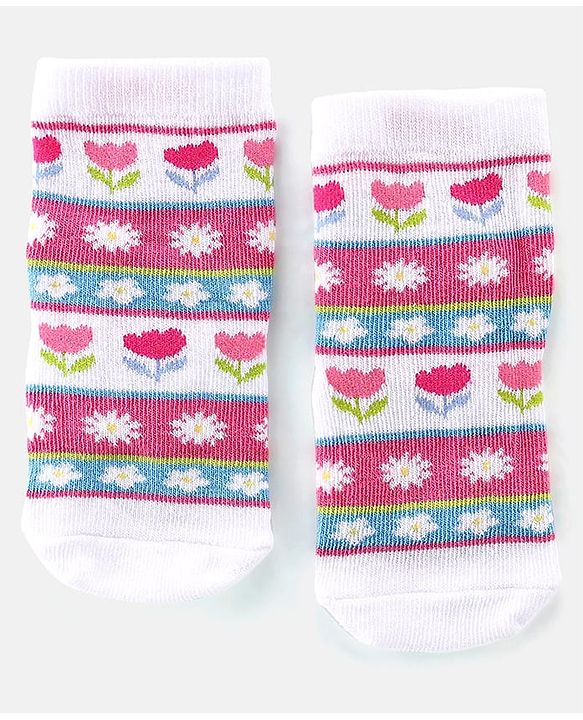 Cute Walk By Babyhug Anti-Bacterial Ankle Length Socks Floral Design Pack Of 3 - Multicolor
