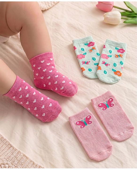 Cute Walk By Babyhug Cotton Non terry Anti Bacterial Ankle Length Socks Floral & Heart Design Pack Of 3- Multicolor