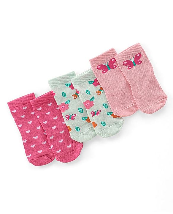 Cute Walk By Babyhug Cotton Non terry Anti Bacterial Ankle Length Socks Floral & Heart Design Pack Of 3- Multicolor