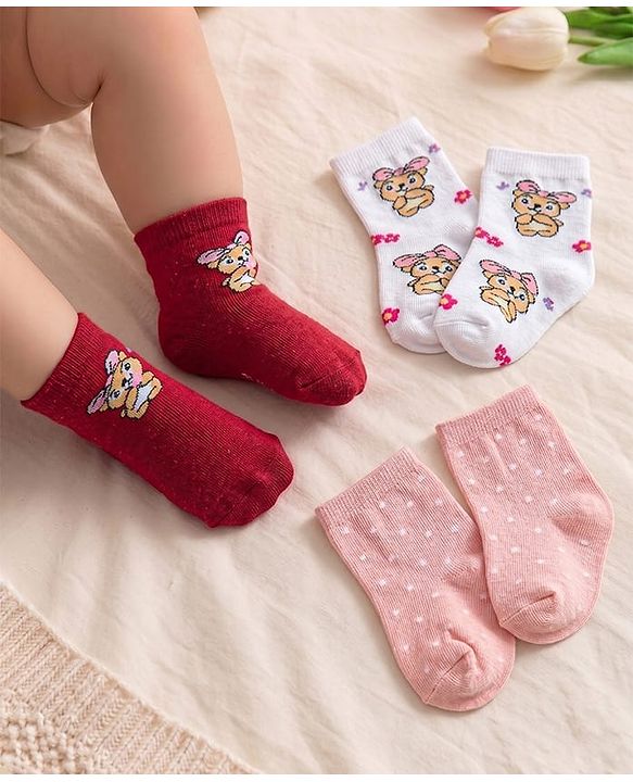 Cute Walk By Babyhug Anti-Bacterial Ankle Length Socks Dotted & Bunny Design Pack Of 3- Maroon  Pink & White