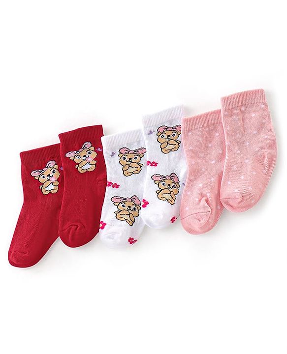 Cute Walk By Babyhug Anti-Bacterial Ankle Length Socks Dotted & Bunny Design Pack Of 3- Maroon  Pink & White
