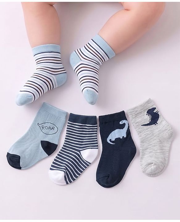 Cute Walk by Babyhug Anti-Bacterial Ankle Length Socks Dino Design Pack of 5 - Blue & Grey