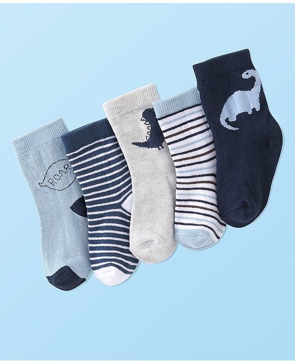 Cute Walk by Babyhug Anti-Bacterial Ankle Length Socks Dino Design Pack of 5 - Blue & Grey