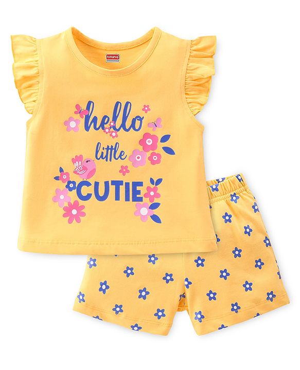 Babyhug Cotton Knit Half Sleeve Night Suit with Text Print - Yellow
