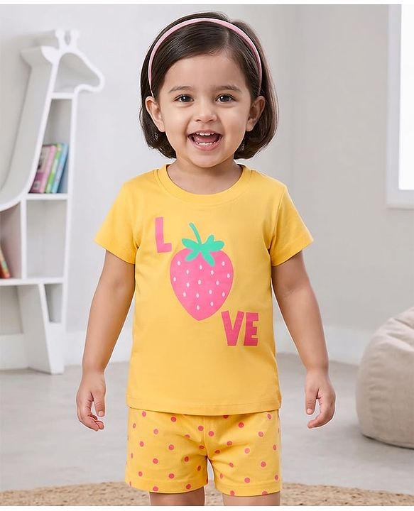 Babyhug Cotton Knit Half Sleeve Night Suit with Text Print - Yellow
