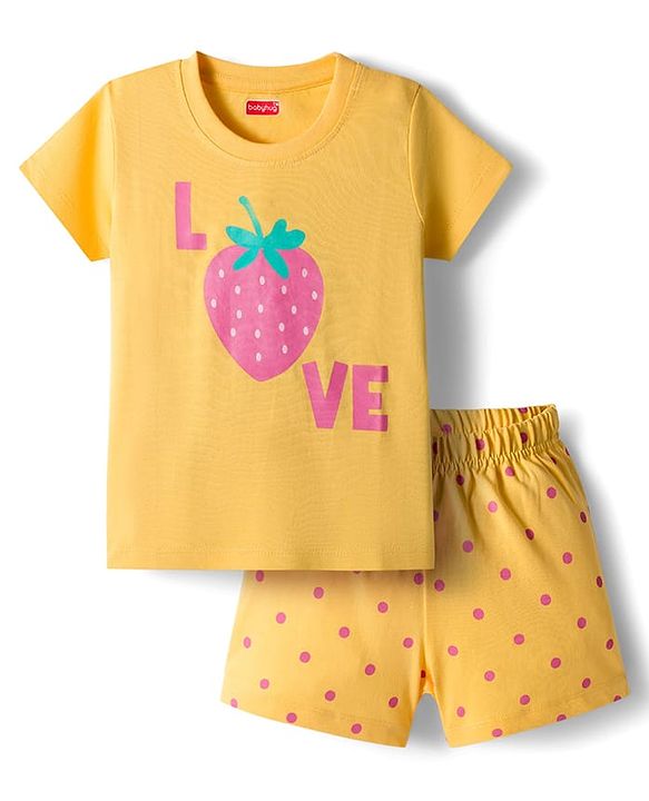 Babyhug Cotton Knit Half Sleeve Night Suit with Text Print - Yellow