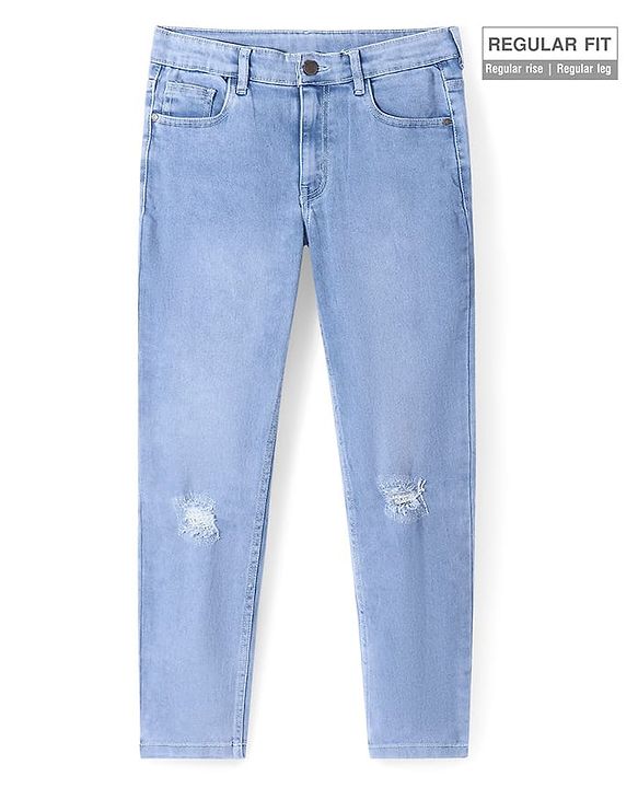 Pine Kids Cotton Rich Full Length Stretchable Denim Ripped and Washed - Ice Blue