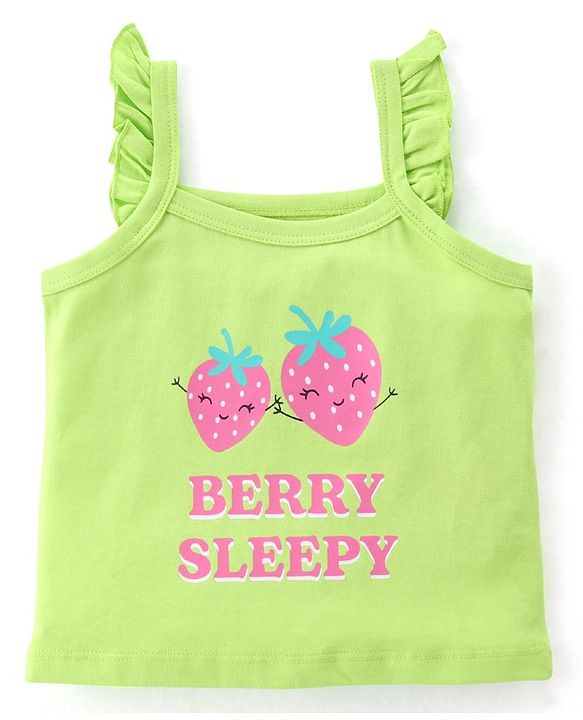 Babyhug Cotton Single Jersey Knit Sleeveless Night Suit Strawberry & Polka Dot Print - Green