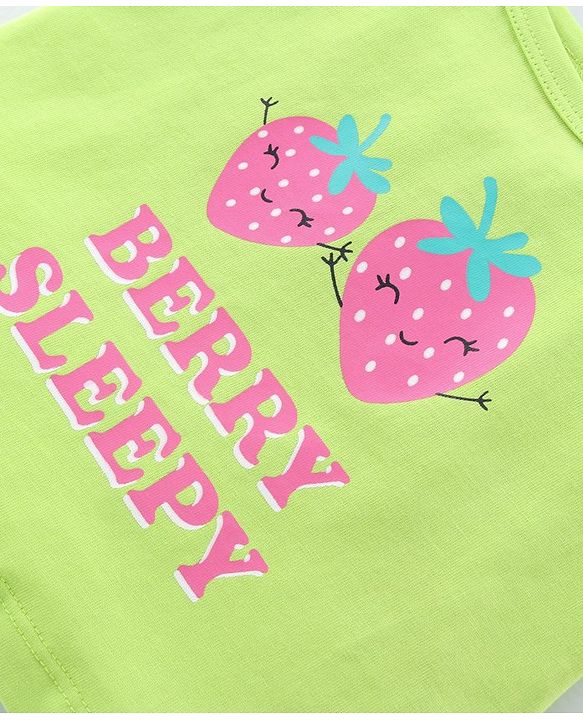 Babyhug Cotton Single Jersey Knit Sleeveless Night Suit Strawberry & Polka Dot Print - Green