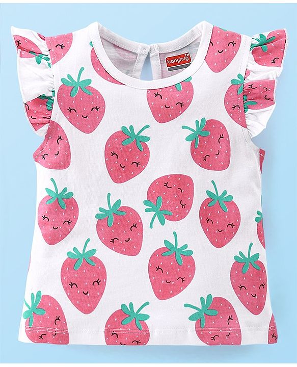 Babyhug Flutter Sleeves Night Suit With Strawberry Print - Pink