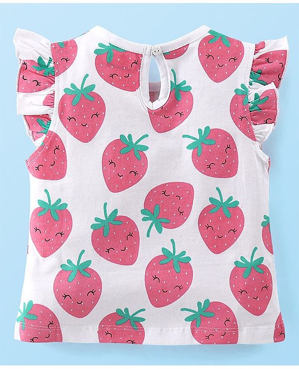Babyhug Flutter Sleeves Night Suit With Strawberry Print - Pink