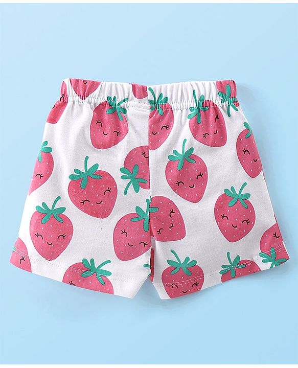 Babyhug Flutter Sleeves Night Suit With Strawberry Print - Pink