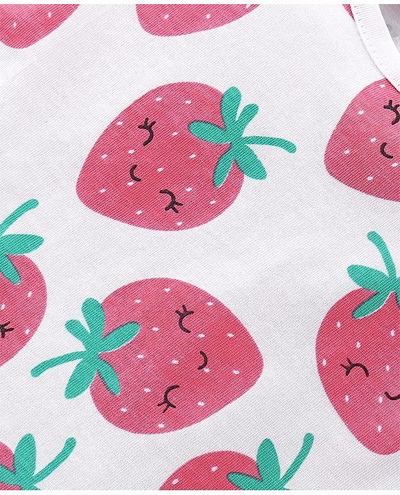 Babyhug Flutter Sleeves Night Suit With Strawberry Print - Pink