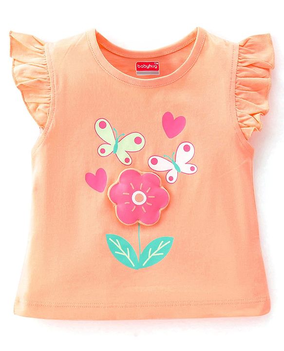 Babyhug Cotton Knit Flutter Sleeve Night Suit with Floral Applique Print - Orange
