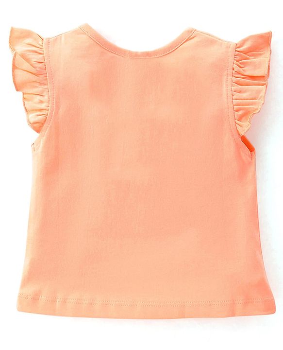 Babyhug Cotton Knit Flutter Sleeve Night Suit with Floral Applique Print - Orange