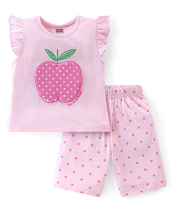Babyhug 100% Cotton Knit Flutter Sleeve Capri Night Suit With Apple Patch - Pink