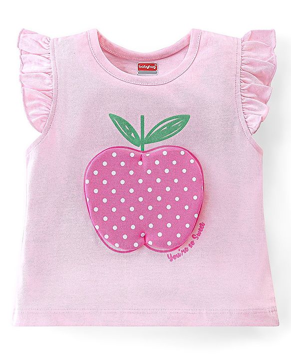 Babyhug 100% Cotton Knit Flutter Sleeve Capri Night Suit With Apple Patch - Pink