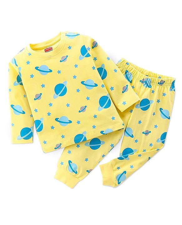 Babyhug Single Jersey Full Sleeves Night Suit Planets Print - Yellow