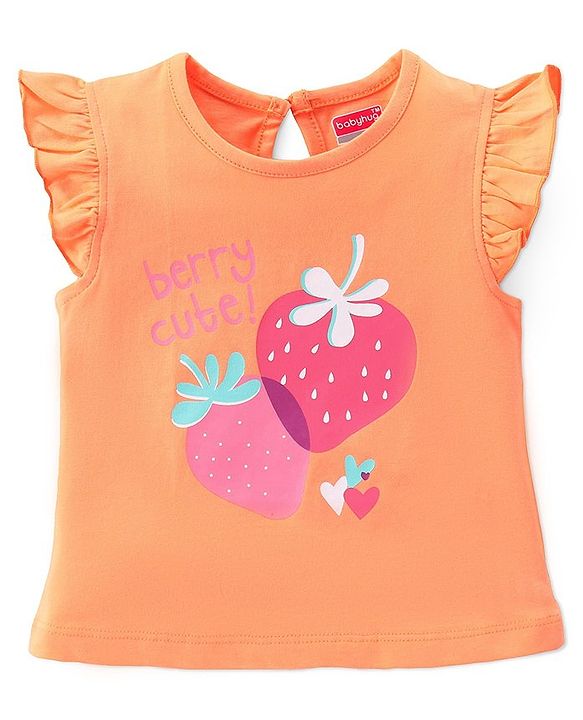 Babyhug Single Jersey Frill Sleeves Night Suit Strawberry Print - Orange & Pink