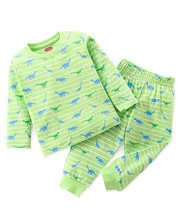 Babyhug Single Jersey Full Sleeves Night Suit Dino Print - Green